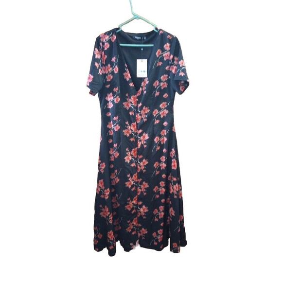 Missguided Plus Maxi Dress Sz 12 NWT Floral Black Pink Button Front - Picture 2 of 8